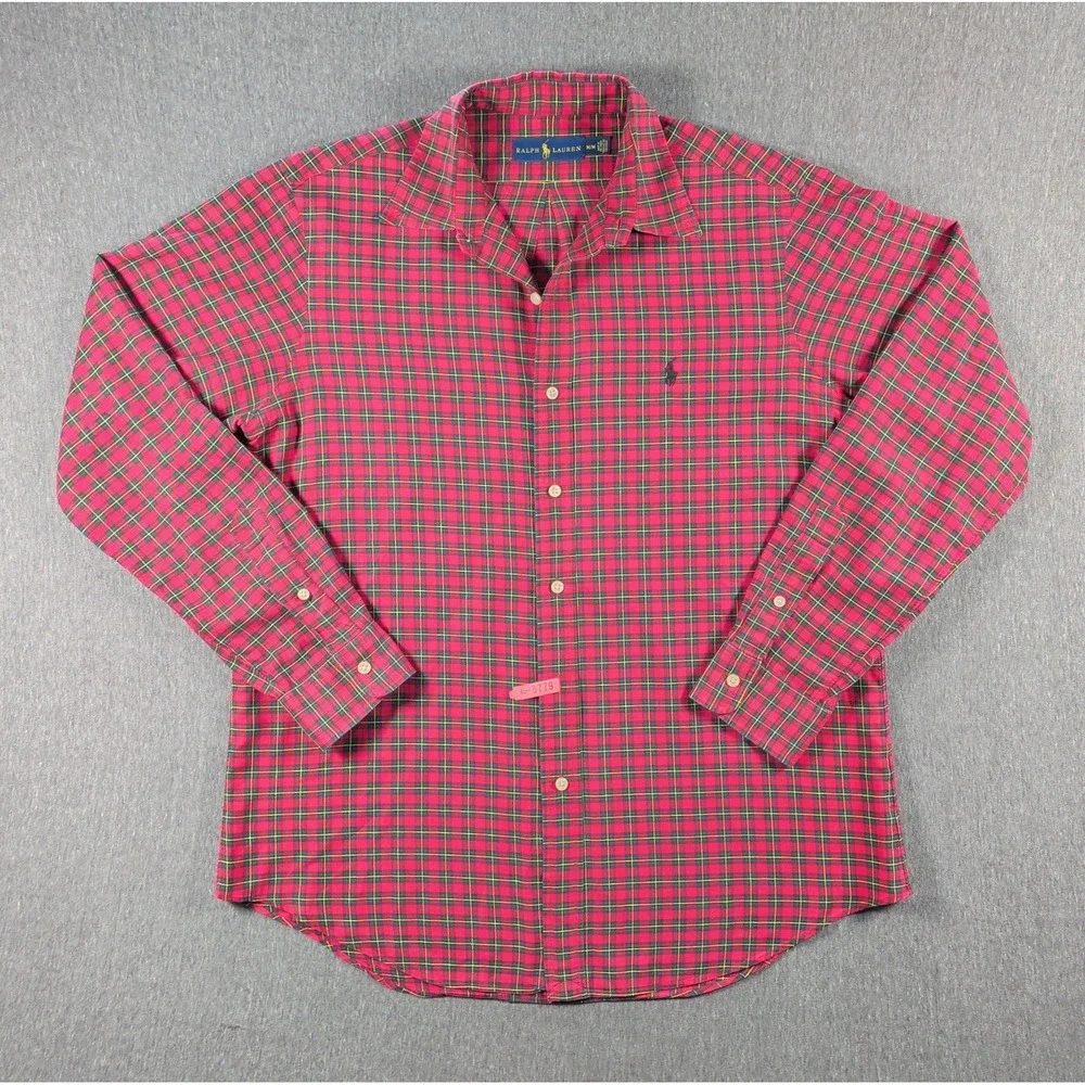 VTG 90s RALPH LAUREN Mens Size M Green Red Tartan Check Plaid Pony Button Down